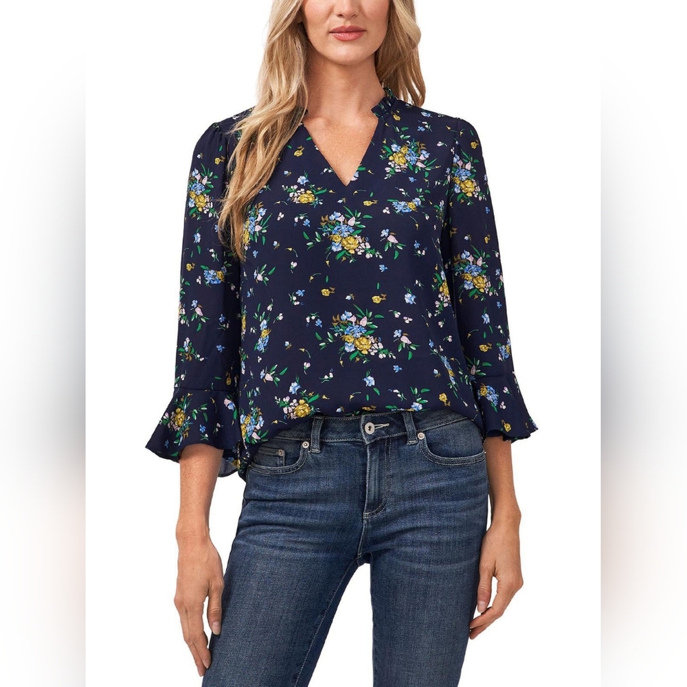 Chelsea and Theodore navy blue floral top